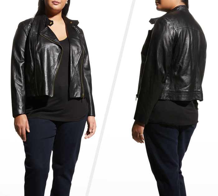 Two images of a model showcasing the black jacket