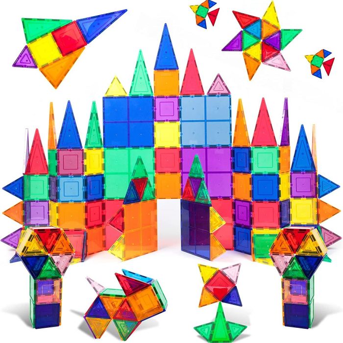 Colorful square and triangular magnetic tiles arranged into various shapes