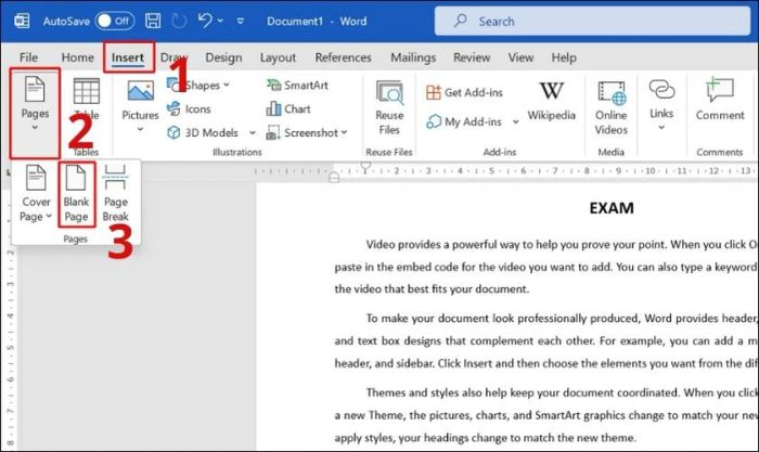 Tạo trang mới trong Word bằng cách sử dụng thẻ Insert.