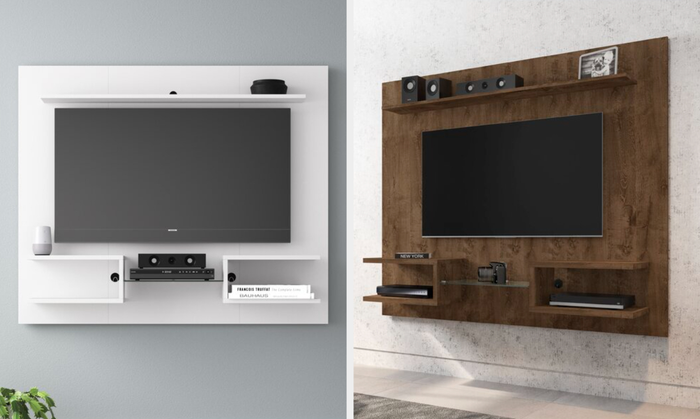 Two photos showing both a white TV stand and a brown TV stand.