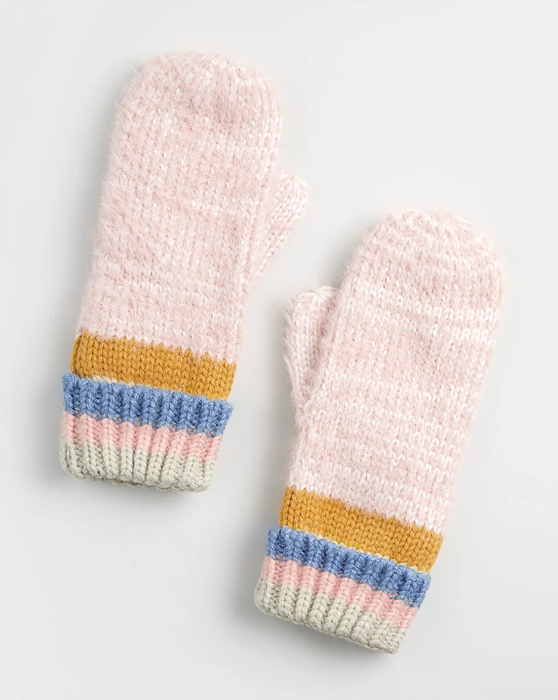 Pink knit mittens with mustard, grey, and blue stripes around the cuffs.