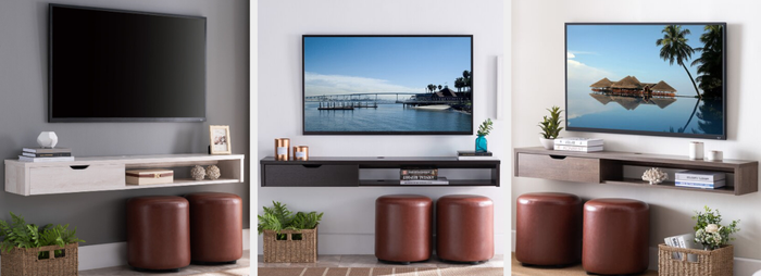 Three images showcasing the white, brown, and black TV stands