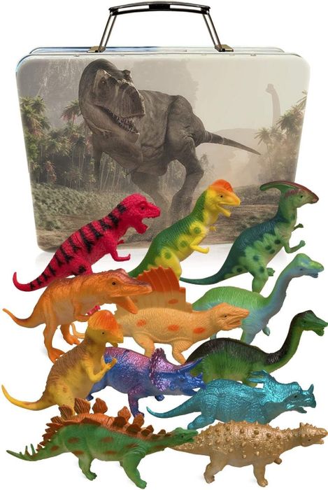 A sturdy metal container housing a collection of 12 vibrantly colored dinosaur figurines
