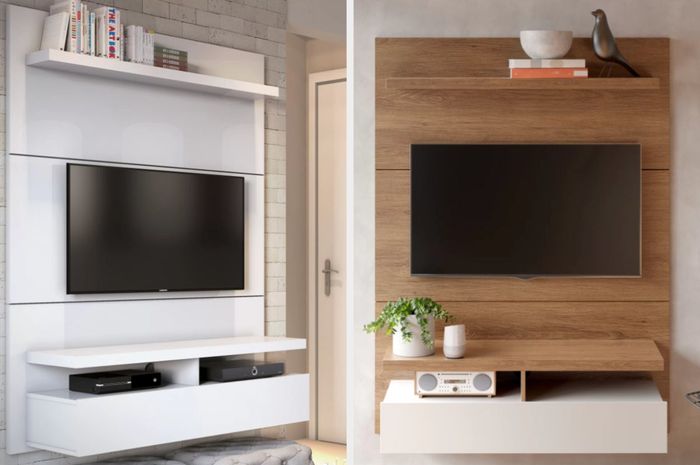 Two images featuring a white TV stand and a brown TV stand.