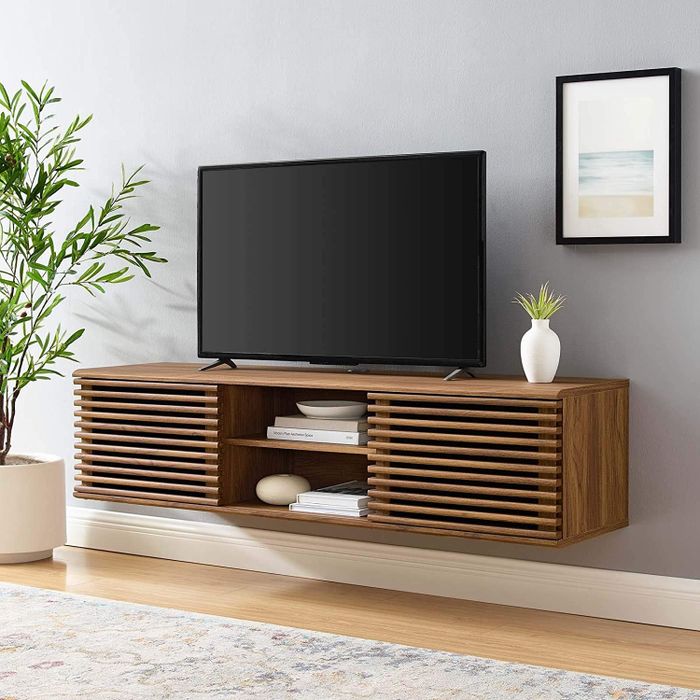 An image showing a brown TV stand.