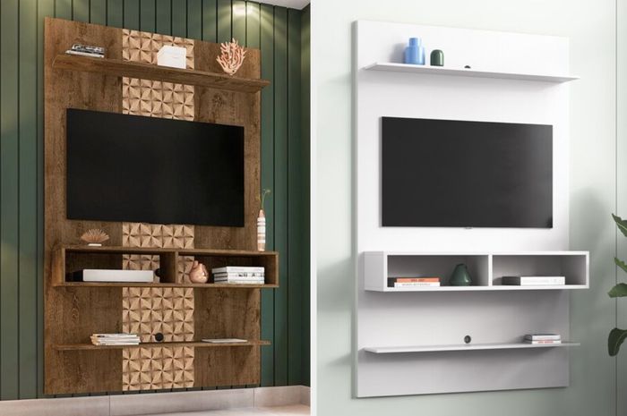 Two images showing the TV stand in both brown and white versions
