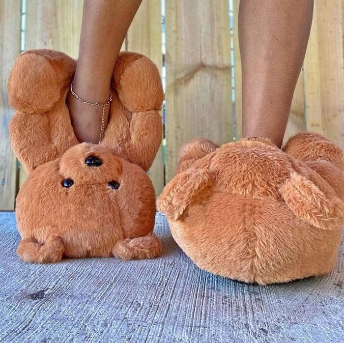 Teddy bears with holes in their stomachs for your feet to slide into.