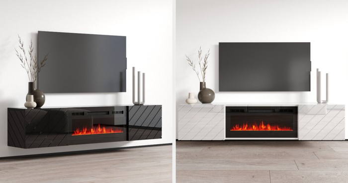 Two stylish images featuring black and white fireplace TV stands.