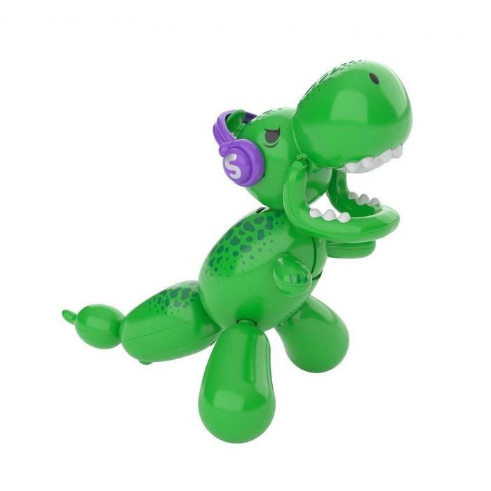 The green dinosaur balloon animal sporting stylish purple headphones