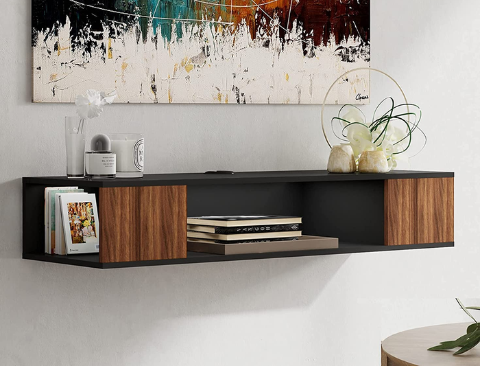 Image showcasing a black and brown TV stand