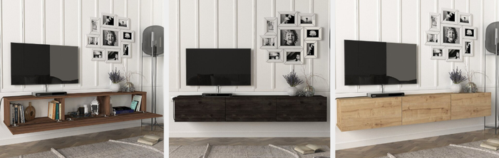 Image showcasing TV stands in shades of brown, black, and light brown