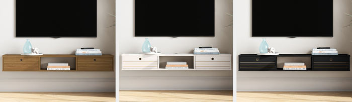 Three images of TV stands in brown, white, and black.
