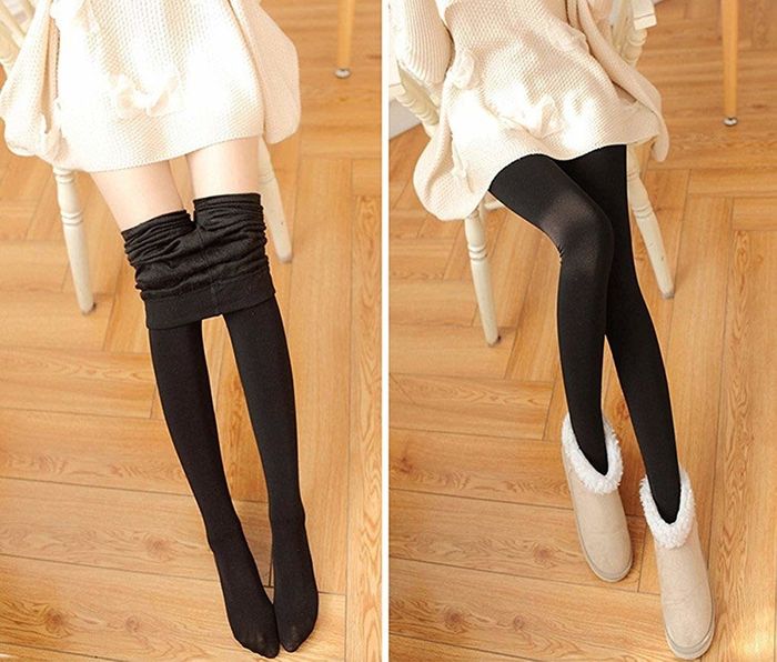 Leggings rolled down to reveal the fleece inside.