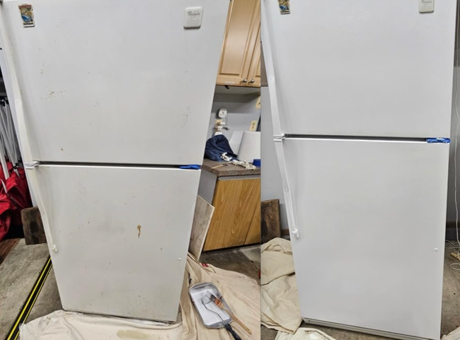Two white refrigerators side by side: the left one is dirty with stains, and the right one is clean, freshly taped after renovation work.