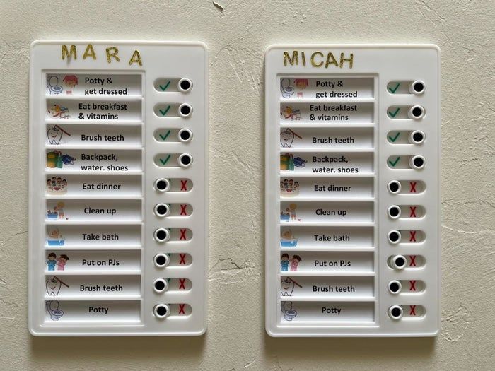 A reviewer's image showing morning and evening routine checklists for Mara and Micah, featuring tasks such as dressing up, brushing teeth, and having breakfast, complete with checkable boxes.