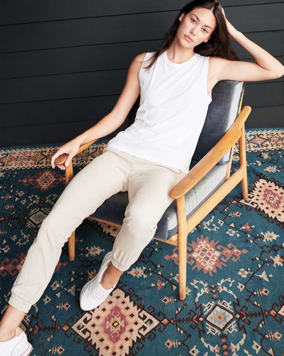 A model rocking the tee in white
