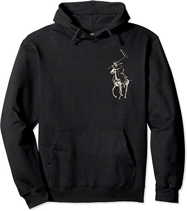 A simple black pullover hoodie featuring a reaper design inspired by the iconic Polo Ralph Lauren polo player logo.