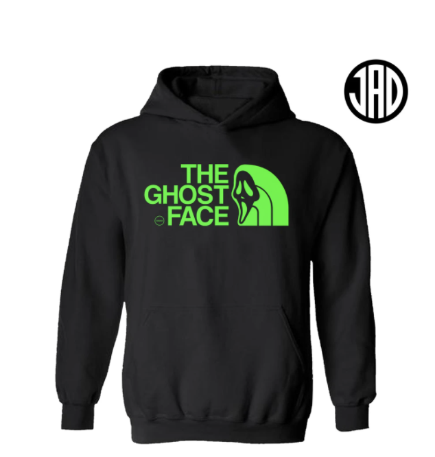 A sweatshirt featuring a twist on The North Face logo, now with the iconic Scream mask