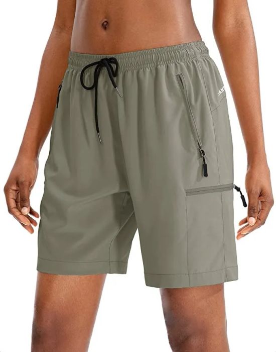 A front-facing view of gray cargo hiking shorts, showcasing their practical design.