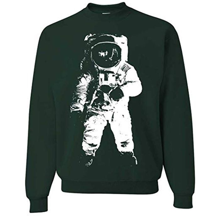 A black sweatshirt featuring a screen print of an astronaut.