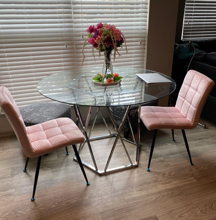 Customer photo of the coffee table with pink chairs surrounding it