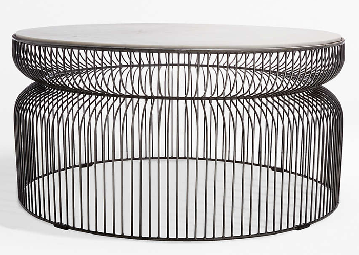 Image of a marble coffee table with a white top and dark wire base