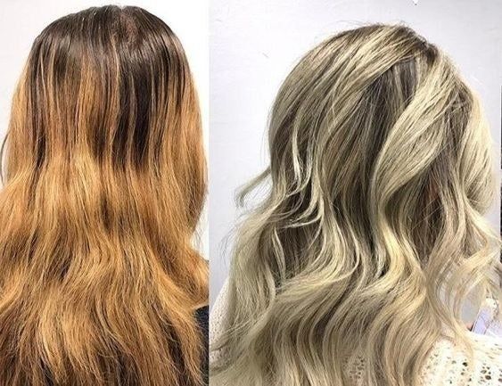 Before and after image of a reviewer using shampoo.