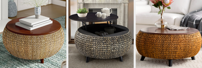 Three images of the coffee table with storage in light brown, black, and dark brown finishes