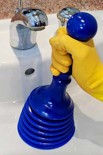 A model using a small blue plunger on a sink.