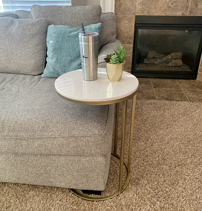Customer photo of the table with a succulent and travel mug placed on it
