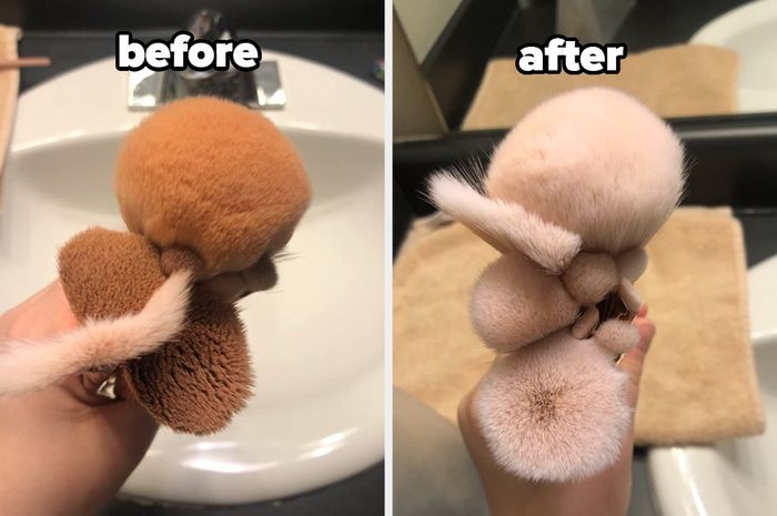 Before and after picture of dirty brushes transformed into clean ones.