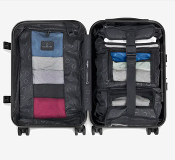 the open suitcase with several small storage compartments on one side and a larger one on the other