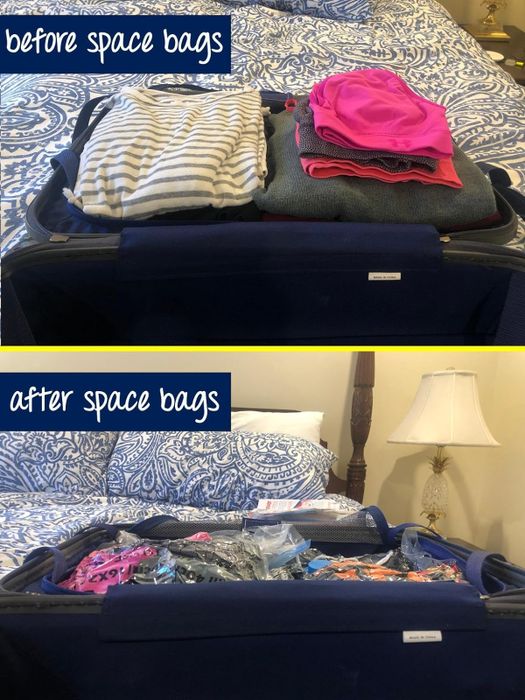 Before and after images of clothes sealed and packed in a suitcase using vacuum storage bags.