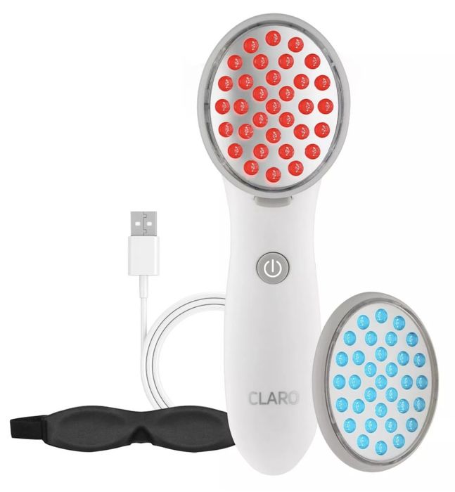 The white LED light therapy device with blue and red settings.