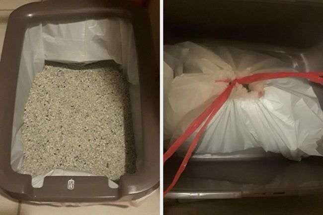 On the left, a litter box with a liner in place, and on the right, the liner tied with a drawstring, ready to be taken out