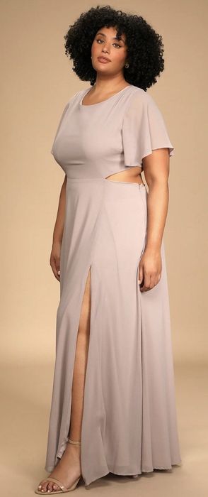 model wearing the dress in a soft dusty lavender