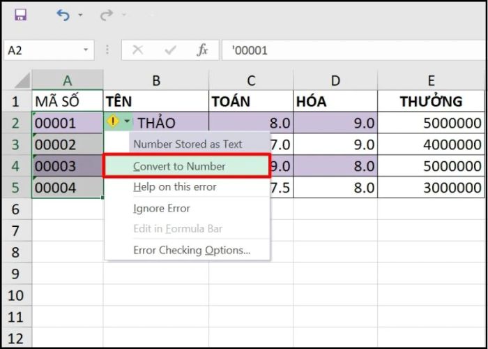 Chọn Convert to Number