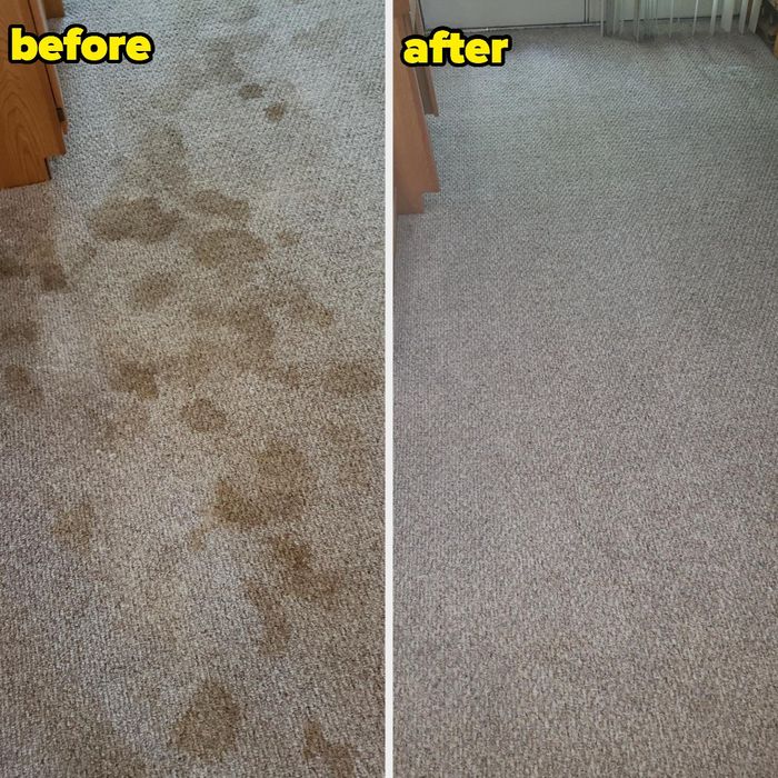 a before-and-after shot of a carpet covered in urine stains, with the after image showing a spotless, stain-free surface