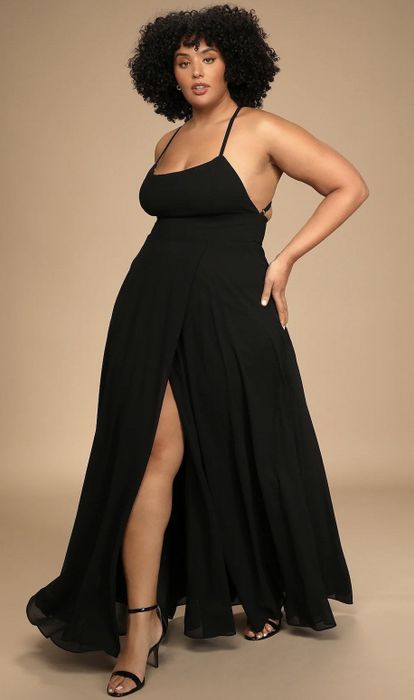 front view of a model showcasing the dress in black