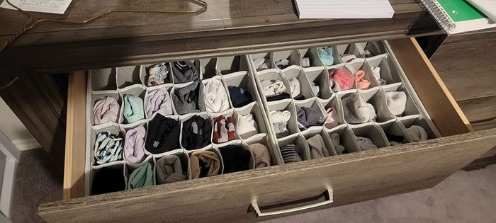 A reviewer photo showing the organizers with socks and underwear neatly arranged.