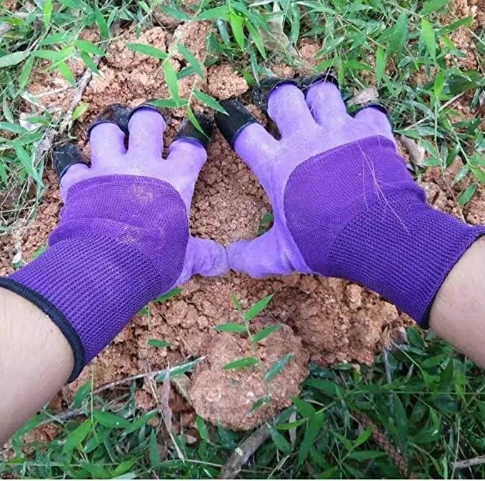 Model wearing clawed gloves while gardening