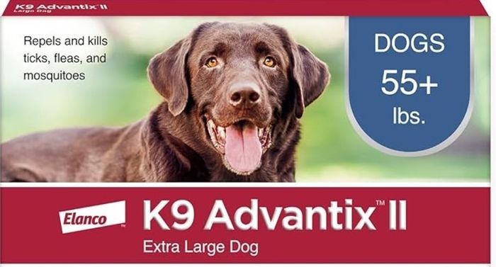 An advertisement for K9 Advantix II flea and tick prevention for extra-large dogs (55+ lbs), featuring a smiling dog and product images.