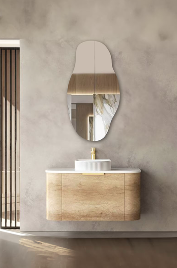 An asymmetrical mirror hung vertically.