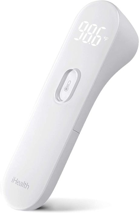 A sleek white forehead thermometer, demonstrating its clean and modern design.