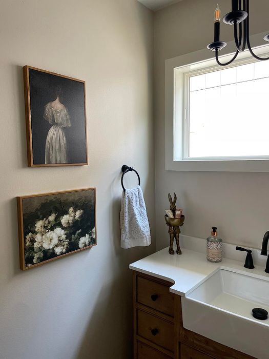 two artworks displayed in a reviewer's bathroom