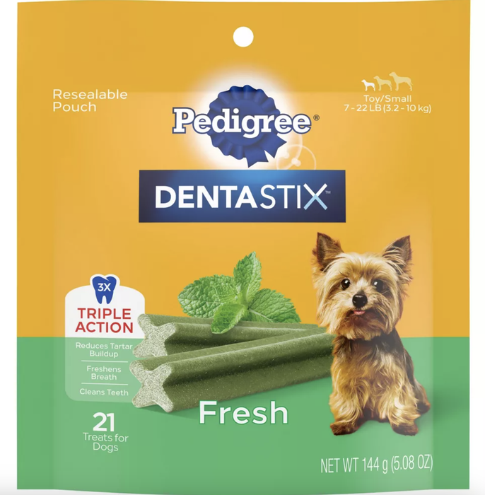 A package of Pedigree Dentastix Fresh Treats for Dogs, 21 treats in a resealable pouch, specially designed for toy and small dogs, offering triple-action freshness for their breath.