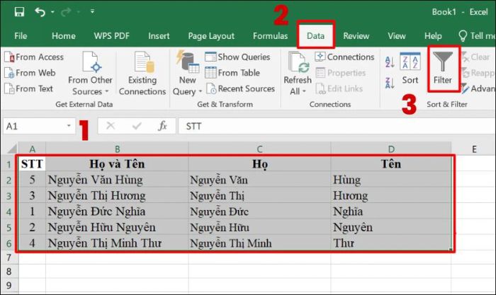 Cách tạo bộ lọc sắp xếp trong Excel