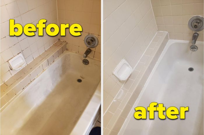 A reviewer's before and after showing their tub, which was previously rusty and moldy, now looking clean and fresh.