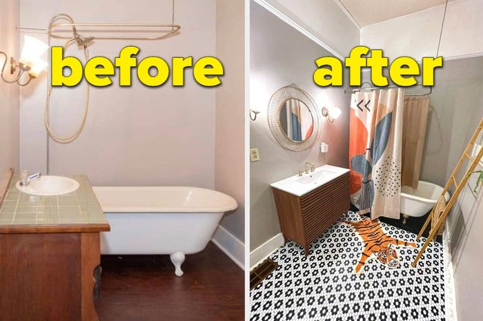 A reviewer's before-and-after transformation of their dark wooden bathroom floors, now covered with peel-and-stick penny tiles.