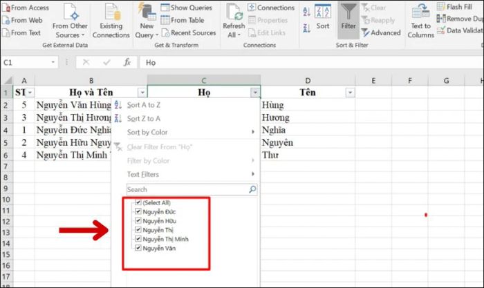 Chọn nhóm dữ liệu cần sắp xếp và thực hiện thao tác sắp xếp tương ứng.